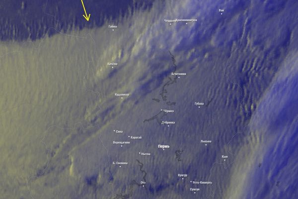 Вторжение холодной воздушной массы с северо-запада в воздушное пространство над Пермским краем 28.03.2023, вид из космоса. Источник: Сообщество Вконтакте Пермского научно-популярного метеорологического проекта энтузиастов «Метеоролог.и.я»; URL: https://vk.com/meteo59